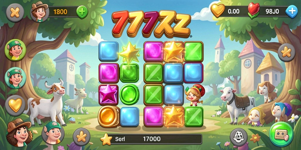 Screenshot gameplay 777ZX yang menampilkan serunya mencocokkan buah-buah berwarna.