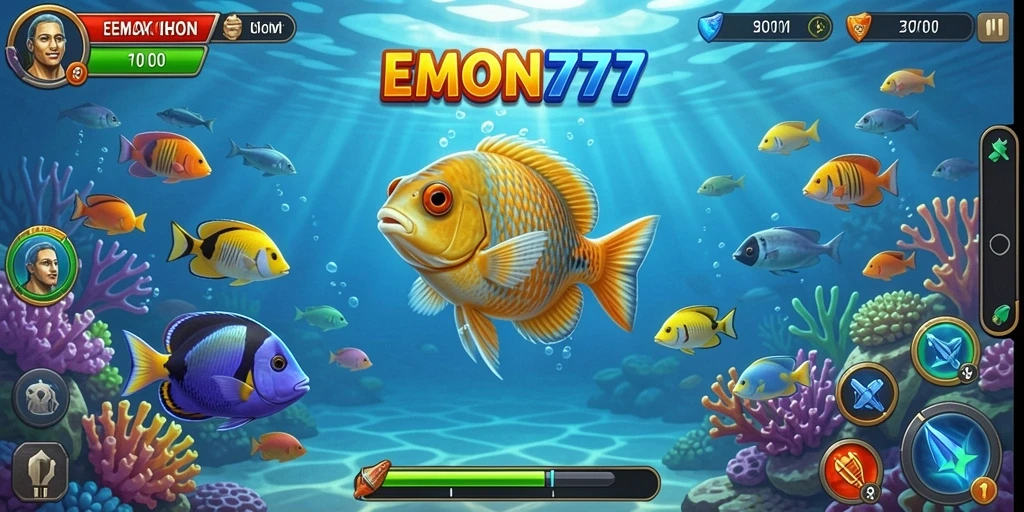 Screenshot utama EMON777 menampilkan pemain yang aktif menangkap ikan dengan senjata yang menakjubkan.
