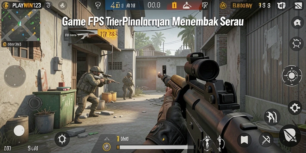 Tampilan gameplay intens dari PLAYWIN123 menunjukkan aksi tembak-menembak seru.
