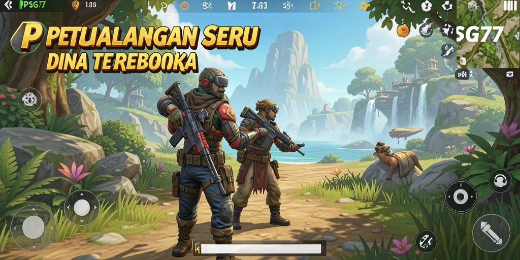 Screenshot gameplay PSG77 menampilkan karakter menjelajahi dunia terbuka yang luas.