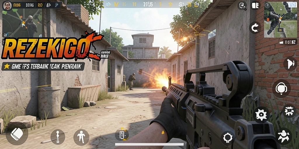 Menampilkan gameplay mendebarkan dalam REZEKIGO dengan aksi tembak-menembak yang intens.
