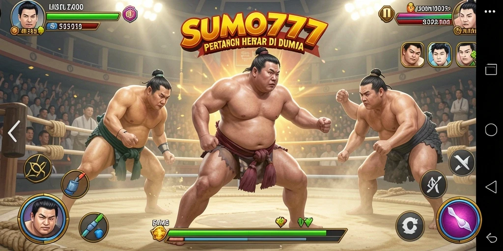 Screenshot gameplay SUMO777 menunjukkan pertarungan sumo yang intens.